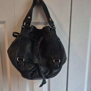The Sak Black Leather Drawstring Hobo Bag